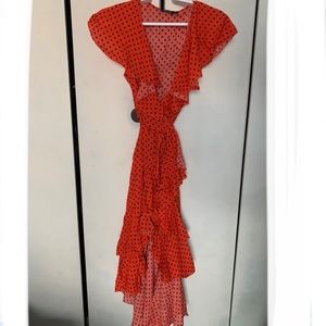 Red and black polka dot wrap ruffle dress